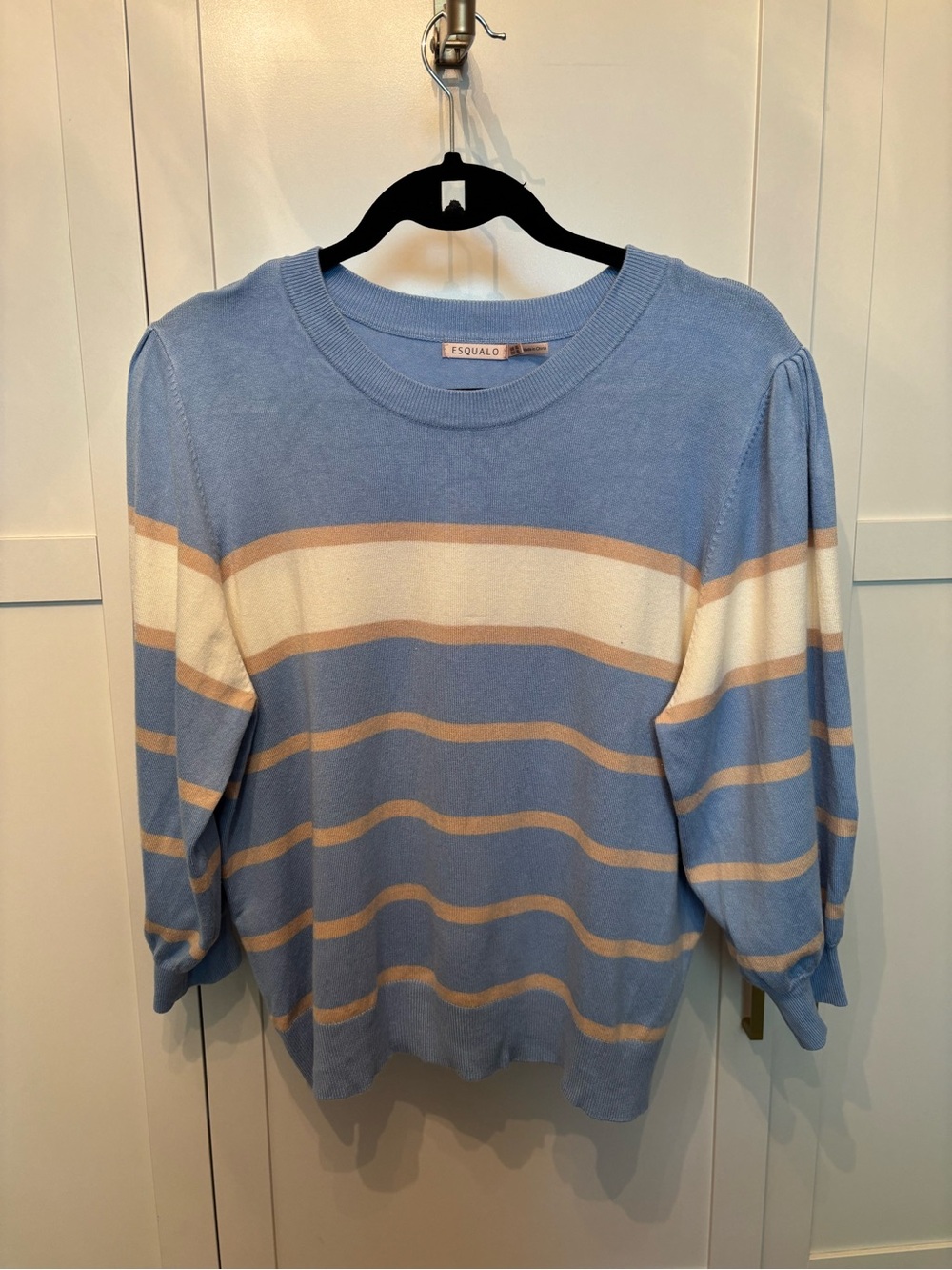 ESQUALO Light Blue Crewneck Sweater with Cream and Tan Stripes
